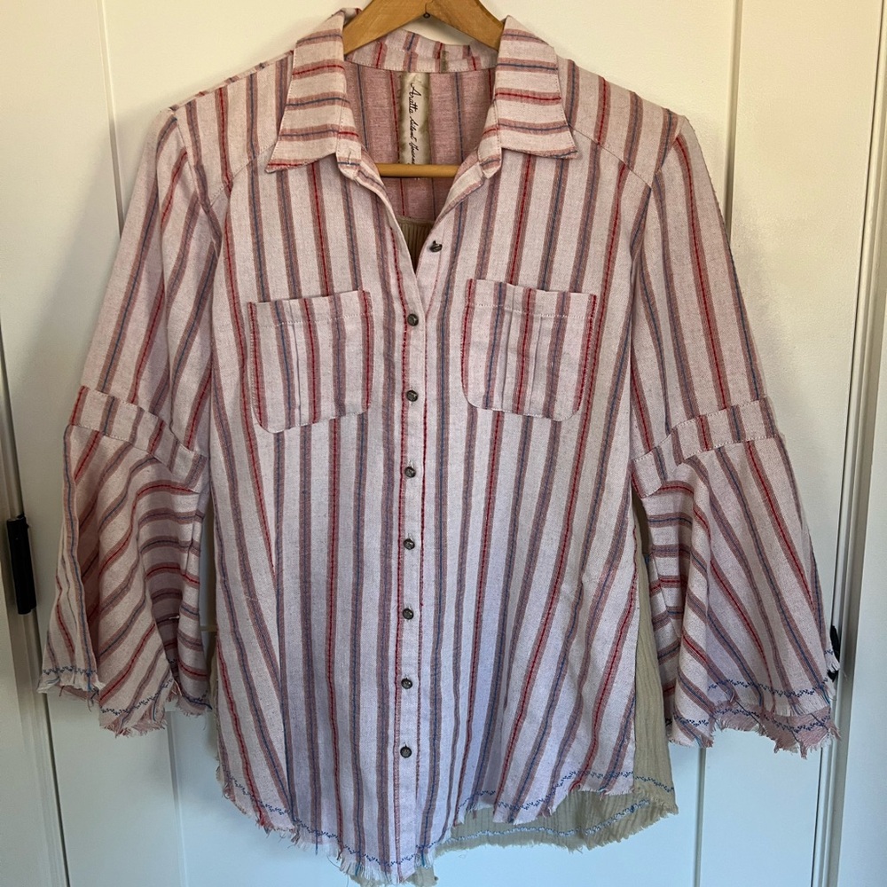 Aratta Pink and Tan Striped Floral Blouse